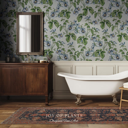 Soft Blue Wildflower Pattern Wallpaper | English Garden Pastel Bathroom Peel and Stick Accent Wall Vintage Inspired Botanical Cottage