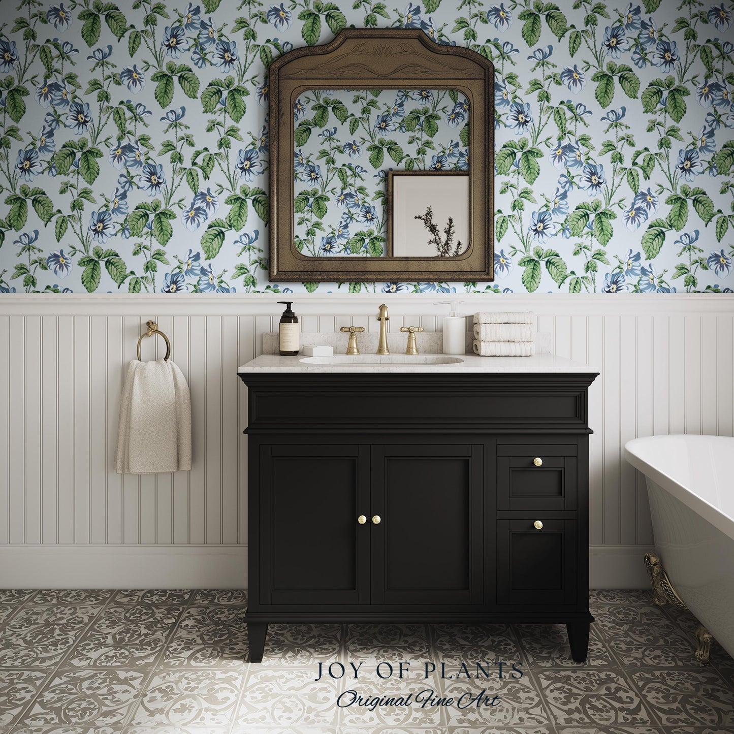 Soft Blue Wildflower Pattern Wallpaper | English Garden Pastel Bathroom Peel and Stick Accent Wall Vintage Inspired Botanical Cottage