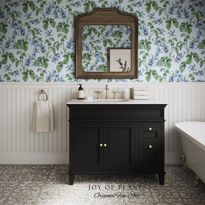 Soft Blue Wildflower Pattern Wallpaper | English Garden Pastel Bathroom Peel and Stick Accent Wall Vintage Inspired Botanical Cottage