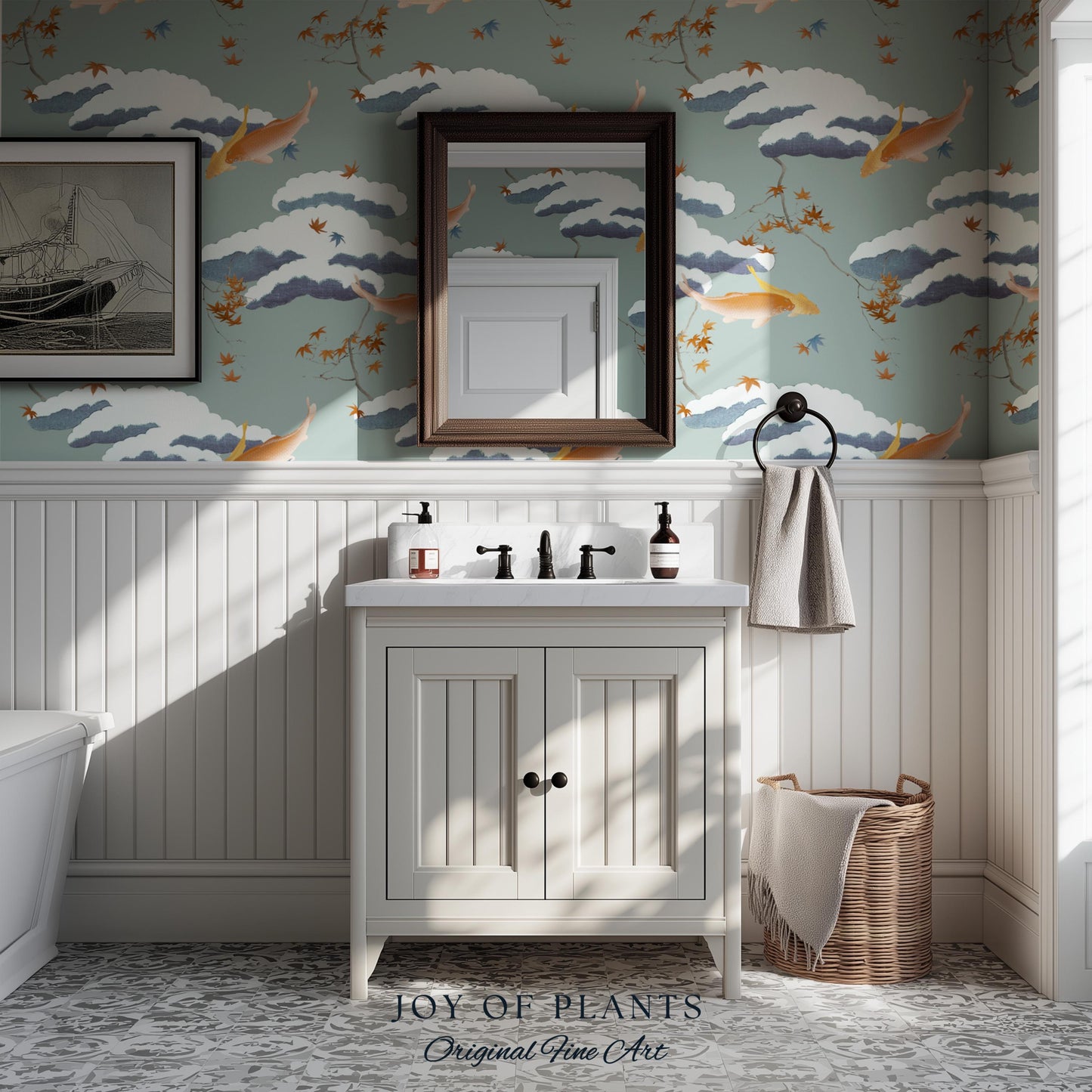 Calming Pastel Clouds Wallpaper | Koi Fish Japanese Wall Art Tranquil Atmosphere Meditation Room Peel and Stick Decor Muted Sage Palette