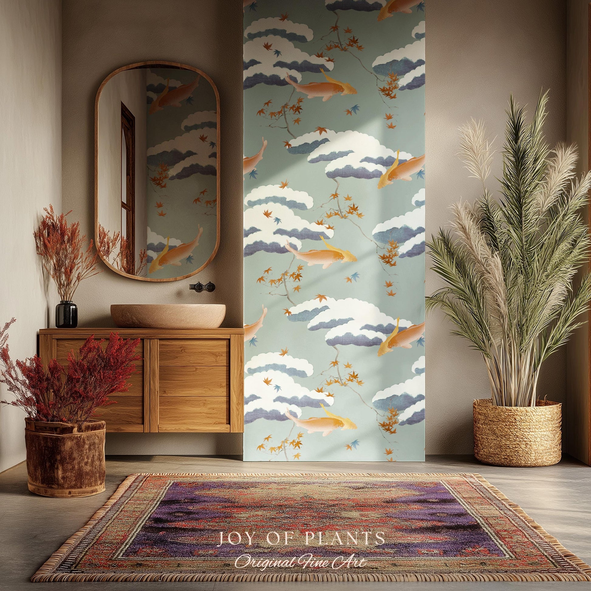 Calming Pastel Clouds Wallpaper | Koi Fish Japanese Wall Art Tranquil Atmosphere Meditation Room Peel and Stick Decor Muted Sage Palette