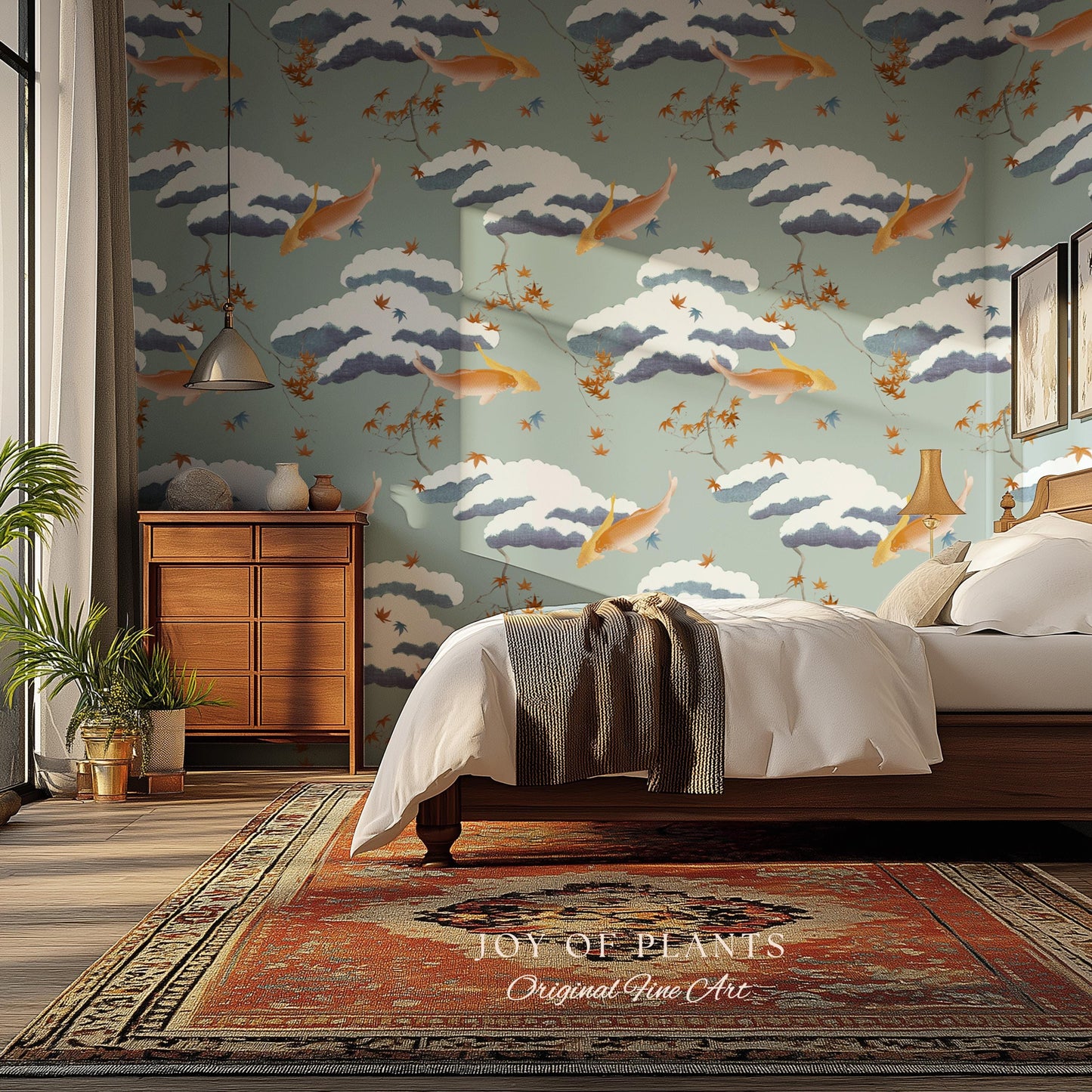 Calming Pastel Clouds Wallpaper | Koi Fish Japanese Wall Art Tranquil Atmosphere Meditation Room Peel and Stick Decor Muted Sage Palette