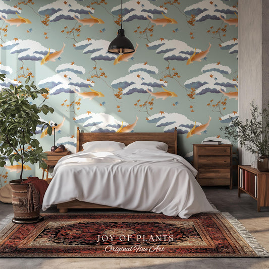 Calming Pastel Clouds Wallpaper | Koi Fish Japanese Wall Art Tranquil Atmosphere Meditation Room Peel and Stick Decor Muted Sage Palette