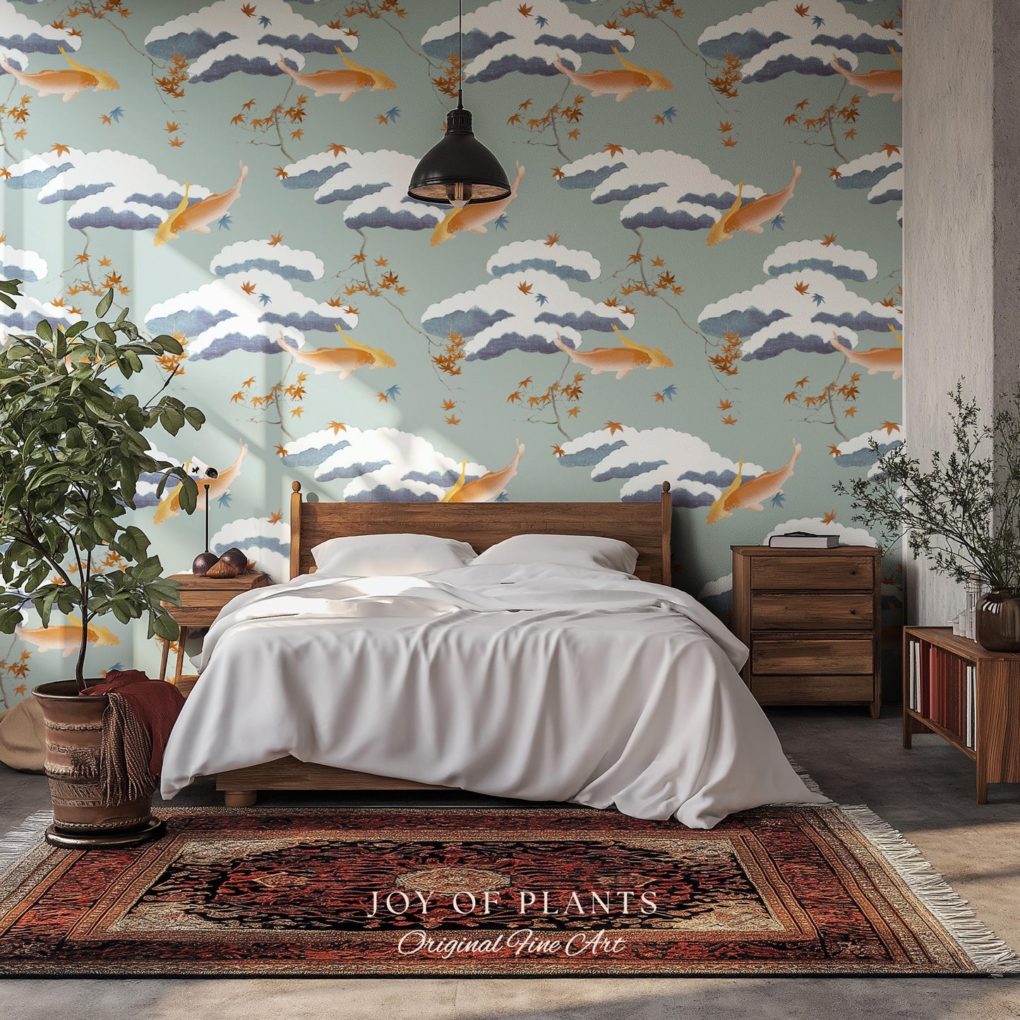 Calming Pastel Clouds Wallpaper | Koi Fish Japanese Wall Art Tranquil Atmosphere Meditation Room Peel and Stick Decor Muted Sage Palette