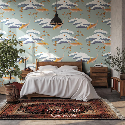 Calming Pastel Clouds Wallpaper | Koi Fish Japanese Wall Art Tranquil Atmosphere Meditation Room Peel and Stick Decor Muted Sage Palette