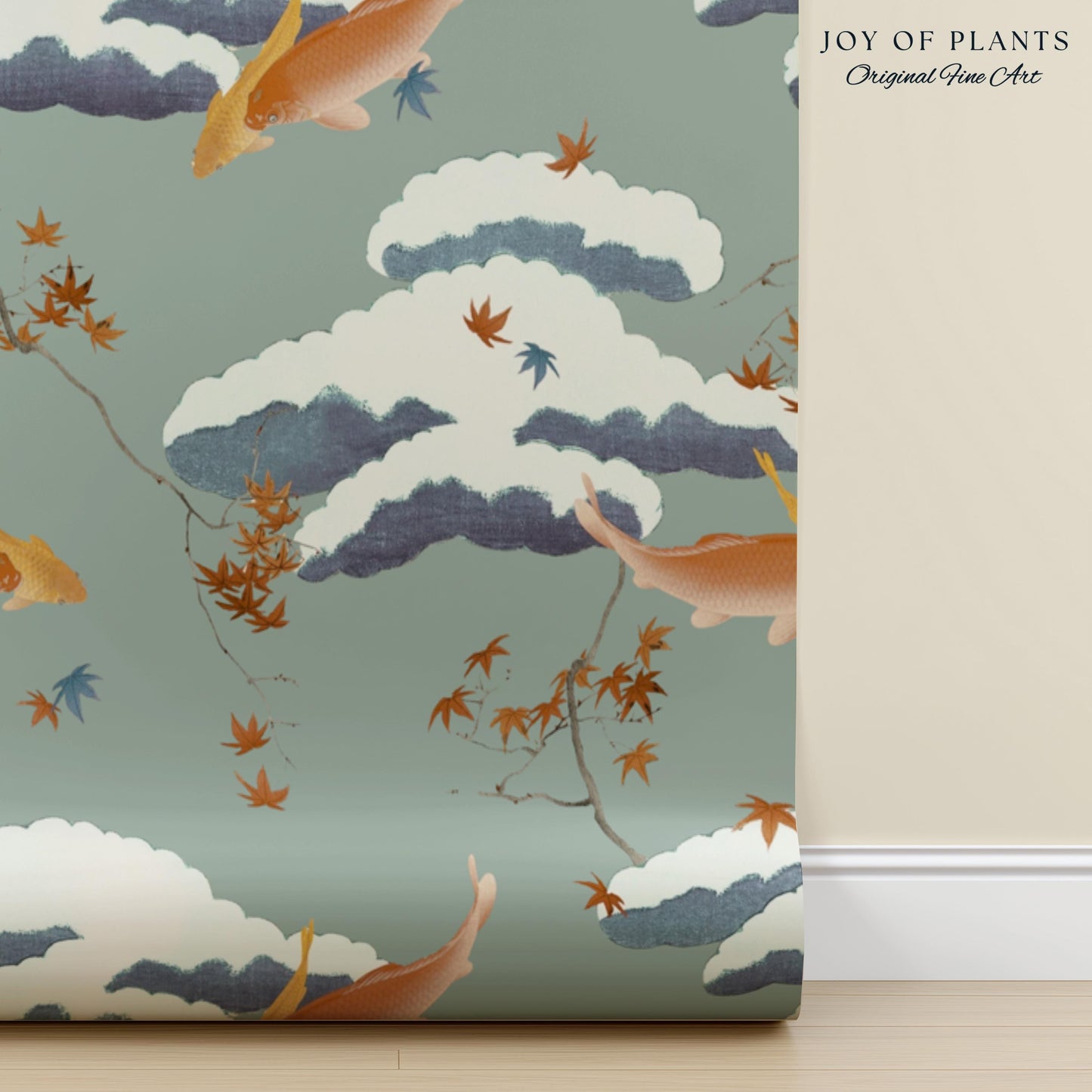 Calming Pastel Clouds Wallpaper | Koi Fish Japanese Wall Art Tranquil Atmosphere Meditation Room Peel and Stick Decor Muted Sage Palette