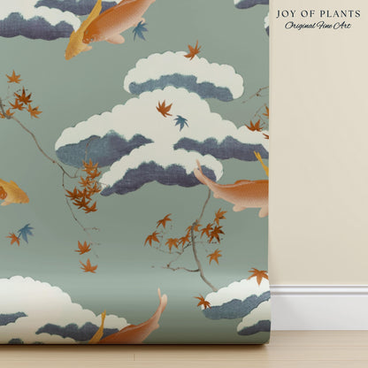 Calming Pastel Clouds Wallpaper | Koi Fish Japanese Wall Art Tranquil Atmosphere Meditation Room Peel and Stick Decor Muted Sage Palette
