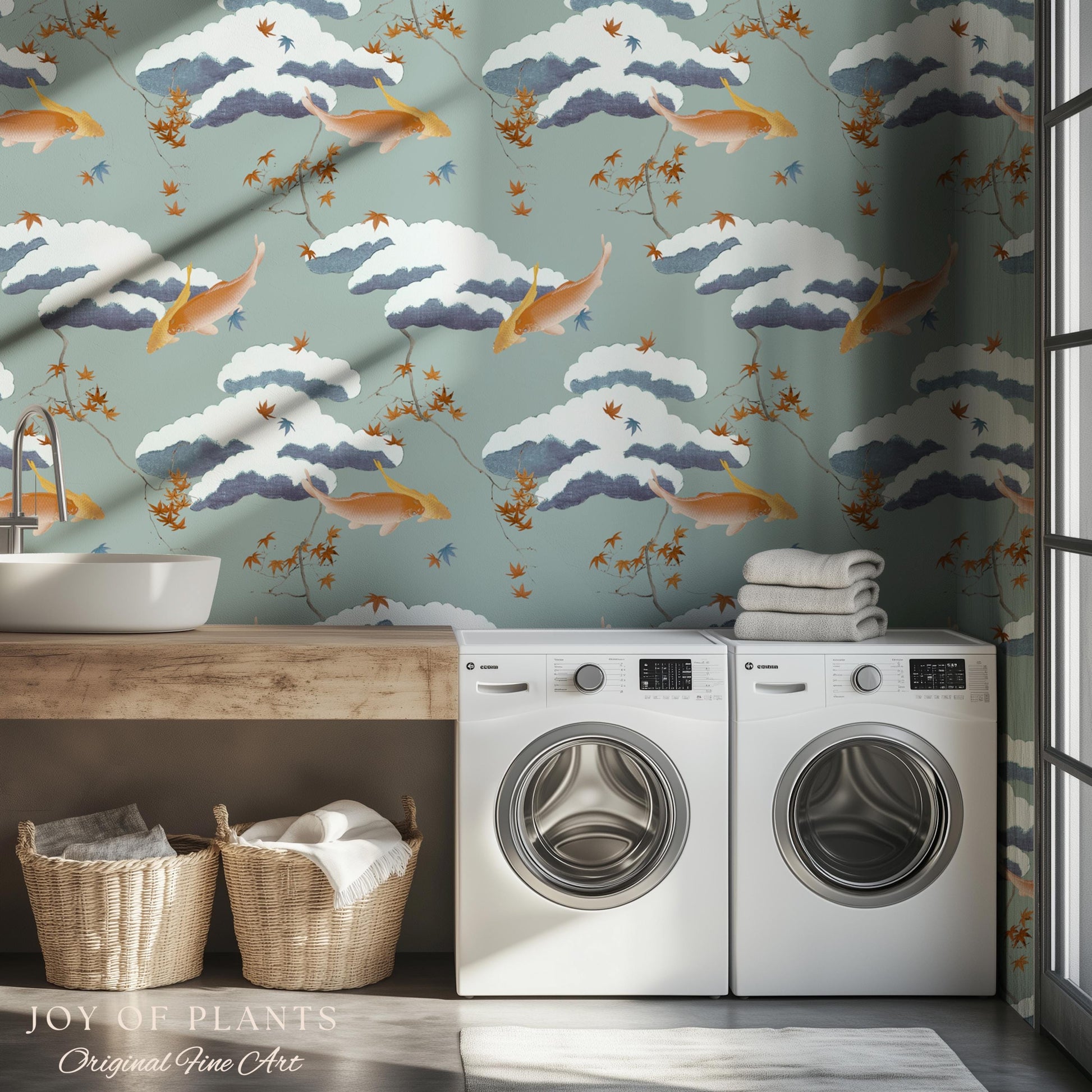 Calming Pastel Clouds Wallpaper | Koi Fish Japanese Wall Art Tranquil Atmosphere Meditation Room Peel and Stick Decor Muted Sage Palette