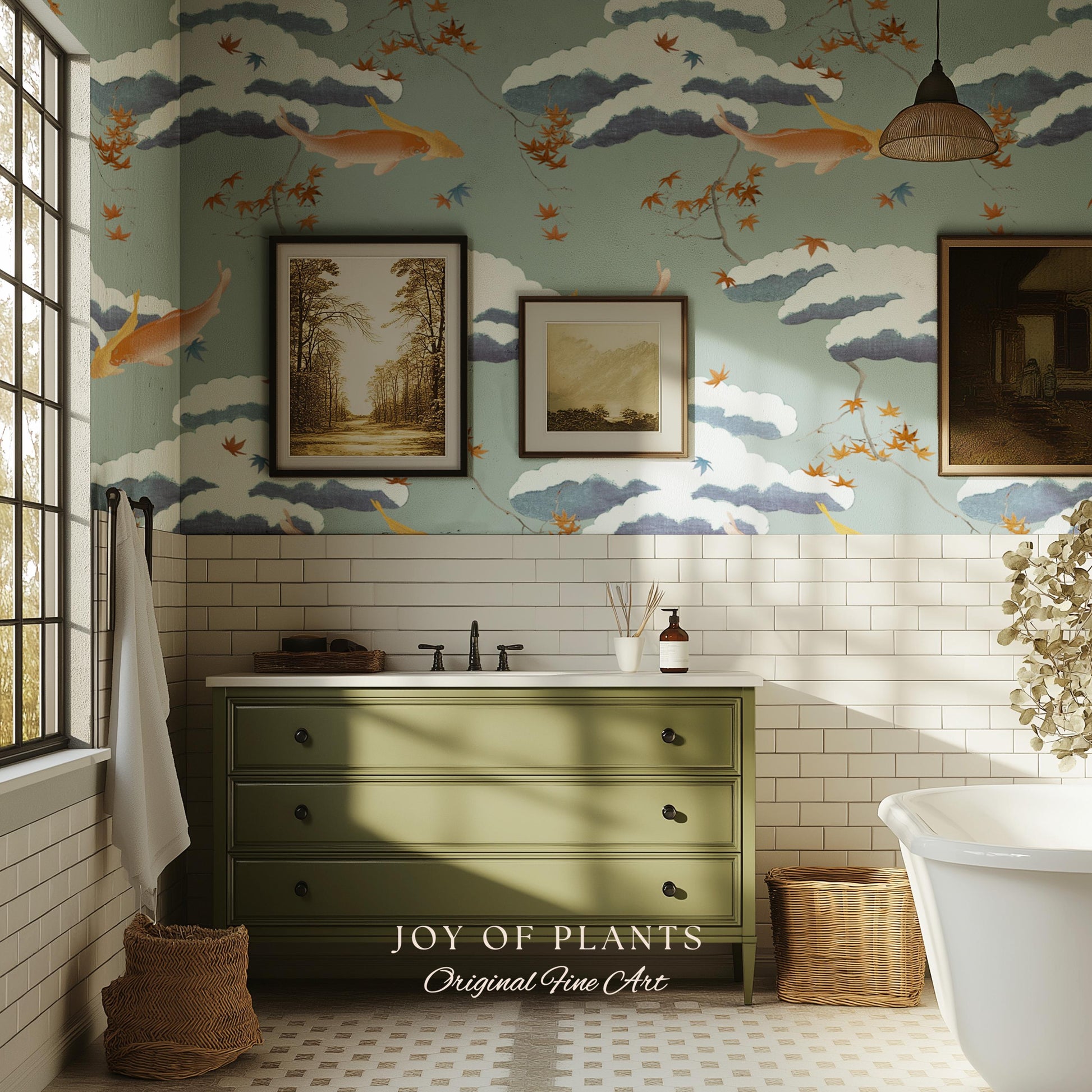 Calming Pastel Clouds Wallpaper | Koi Fish Japanese Wall Art Tranquil Atmosphere Meditation Room Peel and Stick Decor Muted Sage Palette