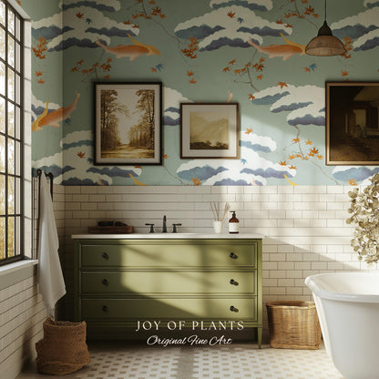 Calming Pastel Clouds Wallpaper | Koi Fish Japanese Wall Art Tranquil Atmosphere Meditation Room Peel and Stick Decor Muted Sage Palette