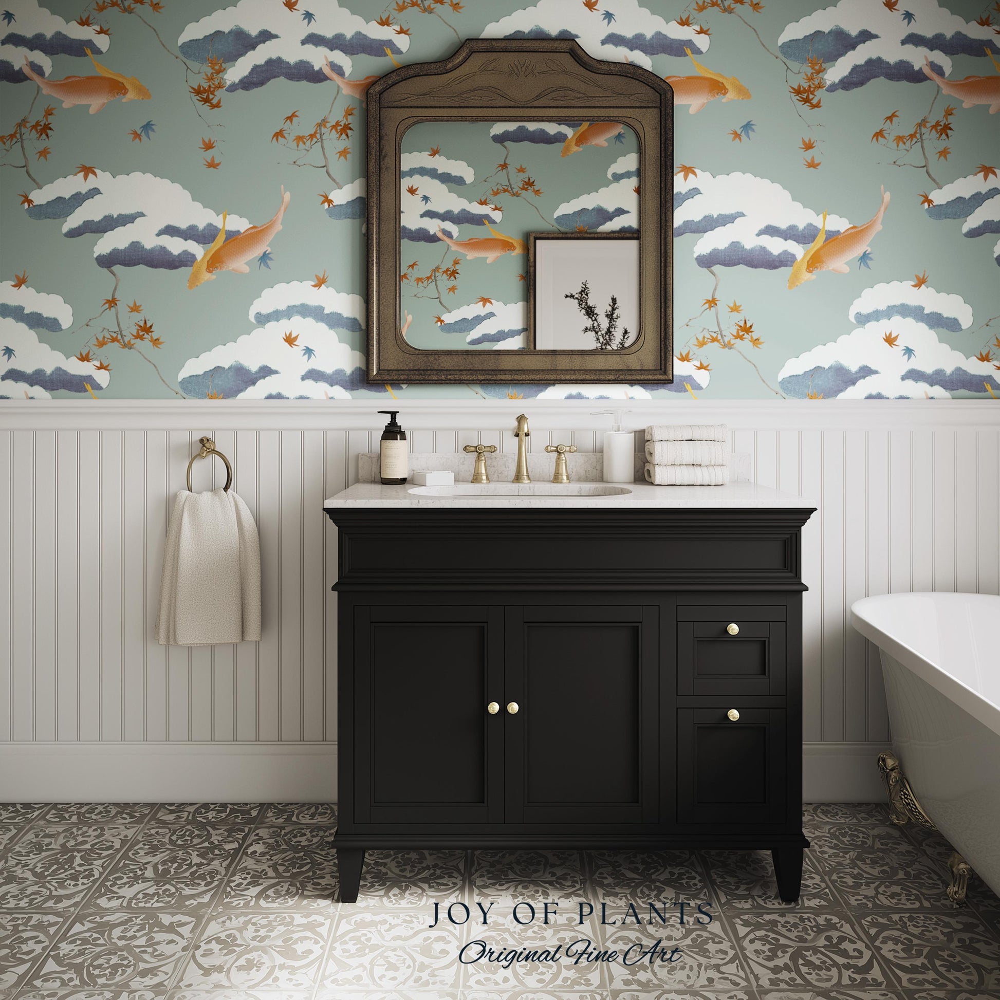 Calming Pastel Clouds Wallpaper | Koi Fish Japanese Wall Art Tranquil Atmosphere Meditation Room Peel and Stick Decor Muted Sage Palette
