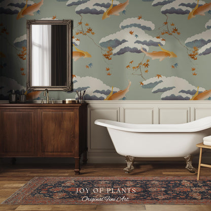 Calming Pastel Clouds Wallpaper | Koi Fish Japanese Wall Art Tranquil Atmosphere Meditation Room Peel and Stick Decor Muted Sage Palette