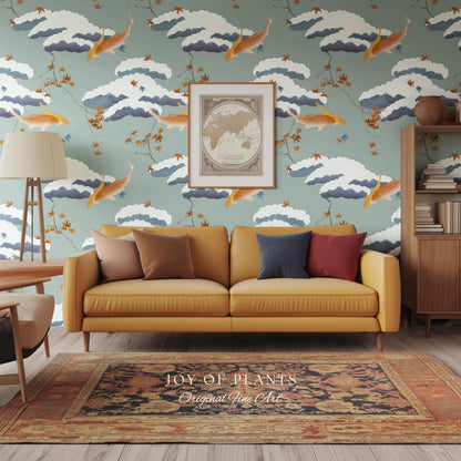 Calming Pastel Clouds Wallpaper | Koi Fish Japanese Wall Art Tranquil Atmosphere Meditation Room Peel and Stick Decor Muted Sage Palette