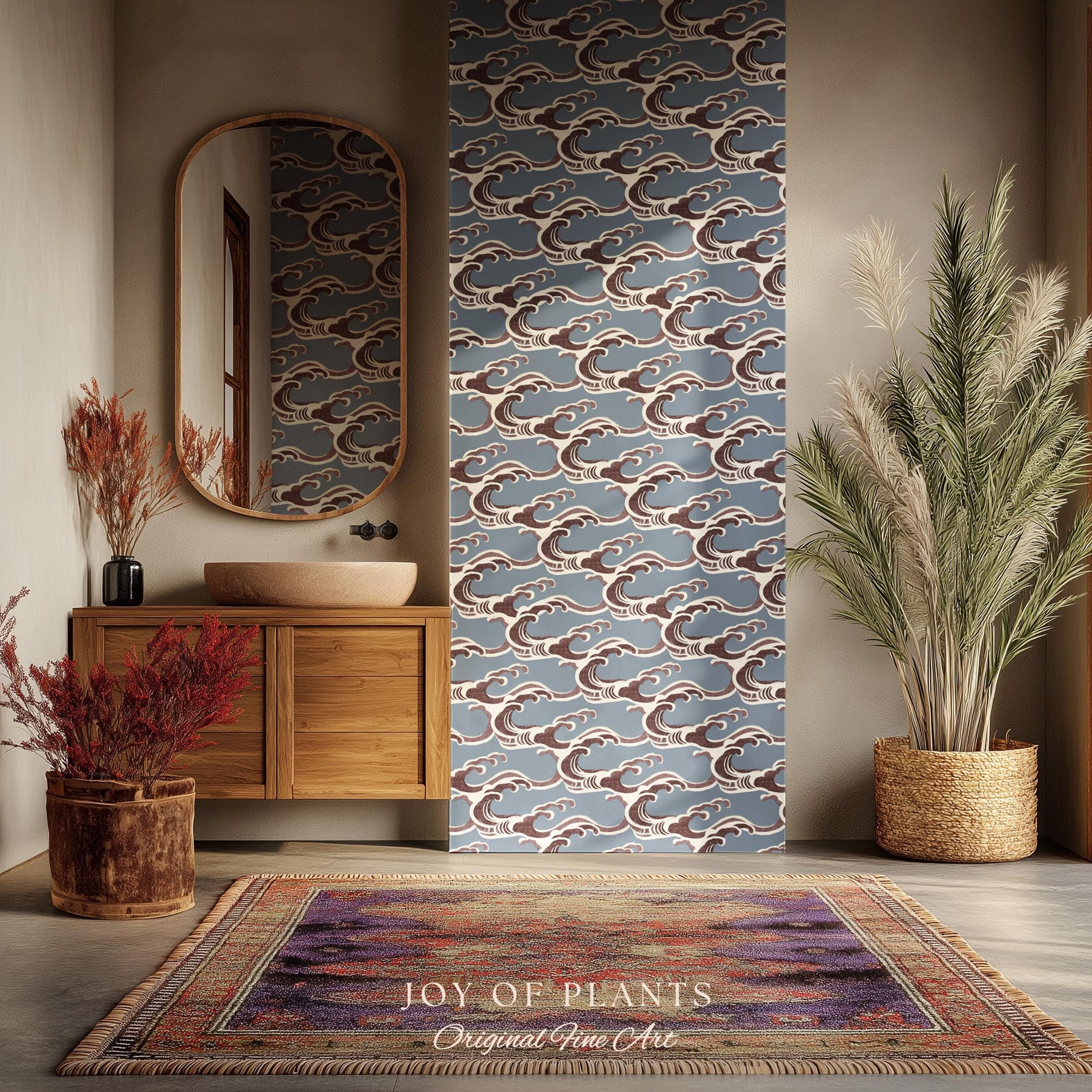 Slate Blue Modern Waves Wallpaper | Mid-Century Global Wall Art Japandi Interior Muted Color Palette Serene Bedroom Peel and Stick Art Deco