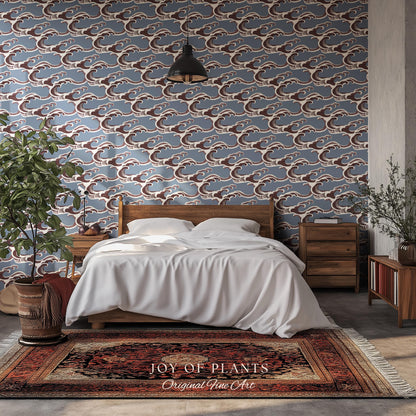 Slate Blue Modern Waves Wallpaper | Mid-Century Global Wall Art Japandi Interior Muted Color Palette Serene Bedroom Peel and Stick Art Deco
