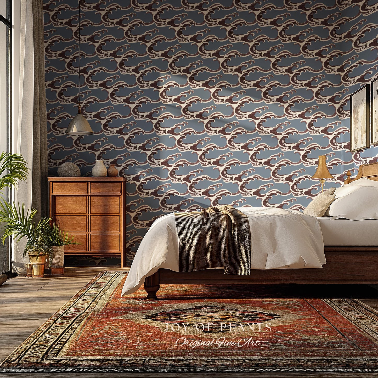 Slate Blue Modern Waves Wallpaper | Mid-Century Global Wall Art Japandi Interior Muted Color Palette Serene Bedroom Peel and Stick Art Deco
