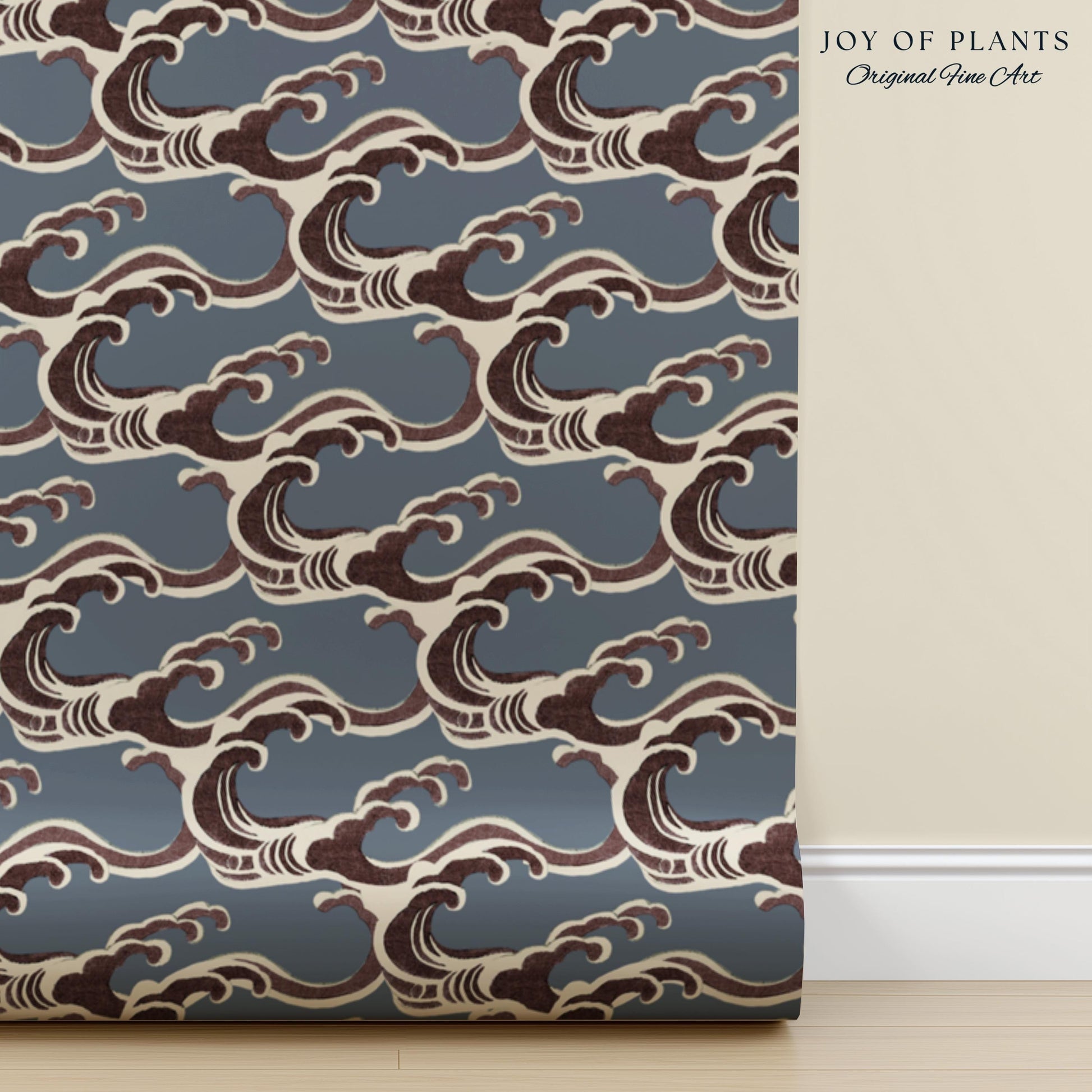 Slate Blue Modern Waves Wallpaper | Mid-Century Global Wall Art Japandi Interior Muted Color Palette Serene Bedroom Peel and Stick Art Deco