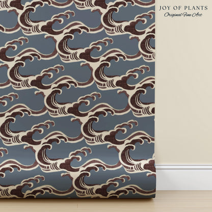 Slate Blue Modern Waves Wallpaper | Mid-Century Global Wall Art Japandi Interior Muted Color Palette Serene Bedroom Peel and Stick Art Deco