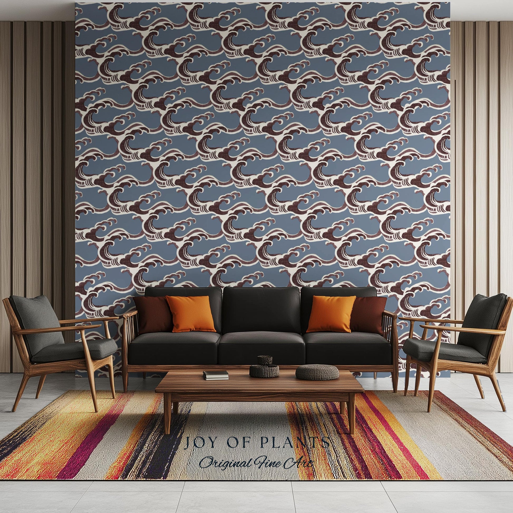Slate Blue Modern Waves Wallpaper | Mid-Century Global Wall Art Japandi Interior Muted Color Palette Serene Bedroom Peel and Stick Art Deco