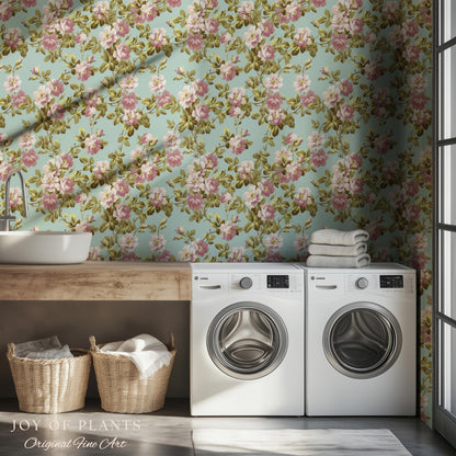 Victorian Rose Cottage Wallpaper | French Country Floral Feminine Wall Art Vintage Pastel Grandmillenial Renter Friendly Nostalgic Interior