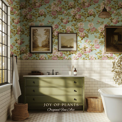 Victorian Rose Cottage Wallpaper | French Country Floral Feminine Wall Art Vintage Pastel Grandmillenial Renter Friendly Nostalgic Interior