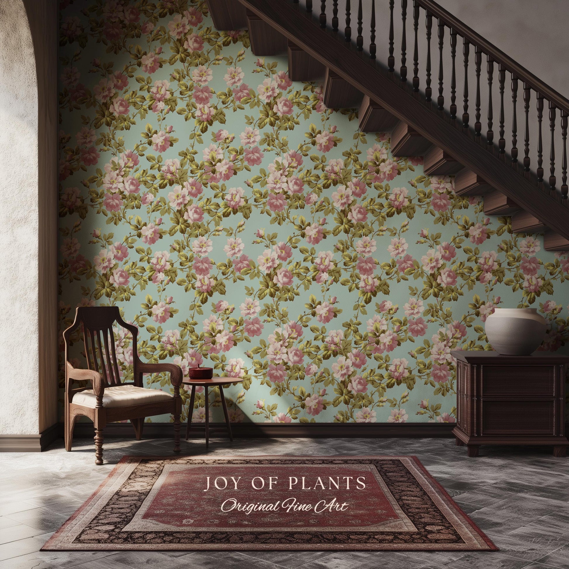 Victorian Rose Cottage Wallpaper | French Country Floral Feminine Wall Art Vintage Pastel Grandmillenial Renter Friendly Nostalgic Interior