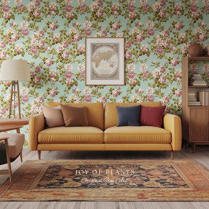 Victorian Rose Cottage Wallpaper | French Country Floral Feminine Wall Art Vintage Pastel Grandmillenial Renter Friendly Nostalgic Interior