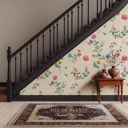 Playful French Eclectic Wallpaper | Maximalist Chinoiserie Peel and Stick Home Decor Grandmillenial Whimsical Dopamine Decor Renter Friendly