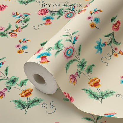 Playful French Eclectic Wallpaper | Maximalist Chinoiserie Peel and Stick Home Decor Grandmillenial Whimsical Dopamine Decor Renter Friendly