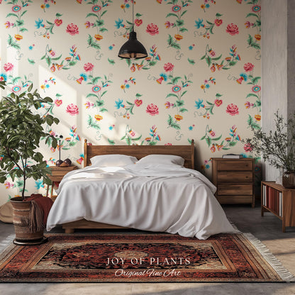 Playful French Eclectic Wallpaper | Maximalist Chinoiserie Peel and Stick Home Decor Grandmillenial Whimsical Dopamine Decor Renter Friendly