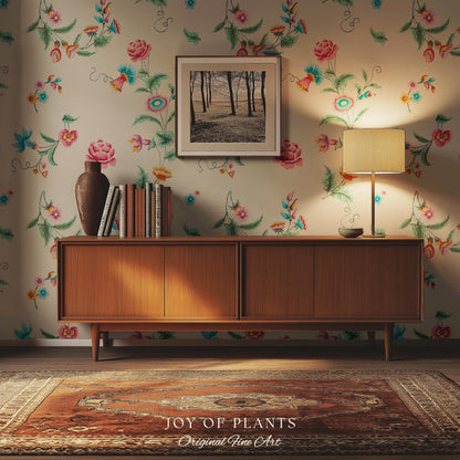 Playful French Eclectic Wallpaper | Maximalist Chinoiserie Peel and Stick Home Decor Grandmillenial Whimsical Dopamine Decor Renter Friendly
