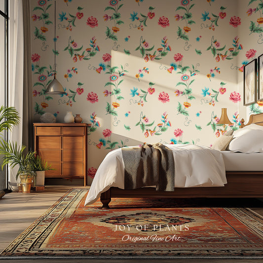 Playful French Eclectic Wallpaper | Maximalist Chinoiserie Peel and Stick Home Decor Grandmillenial Whimsical Dopamine Decor Renter Friendly
