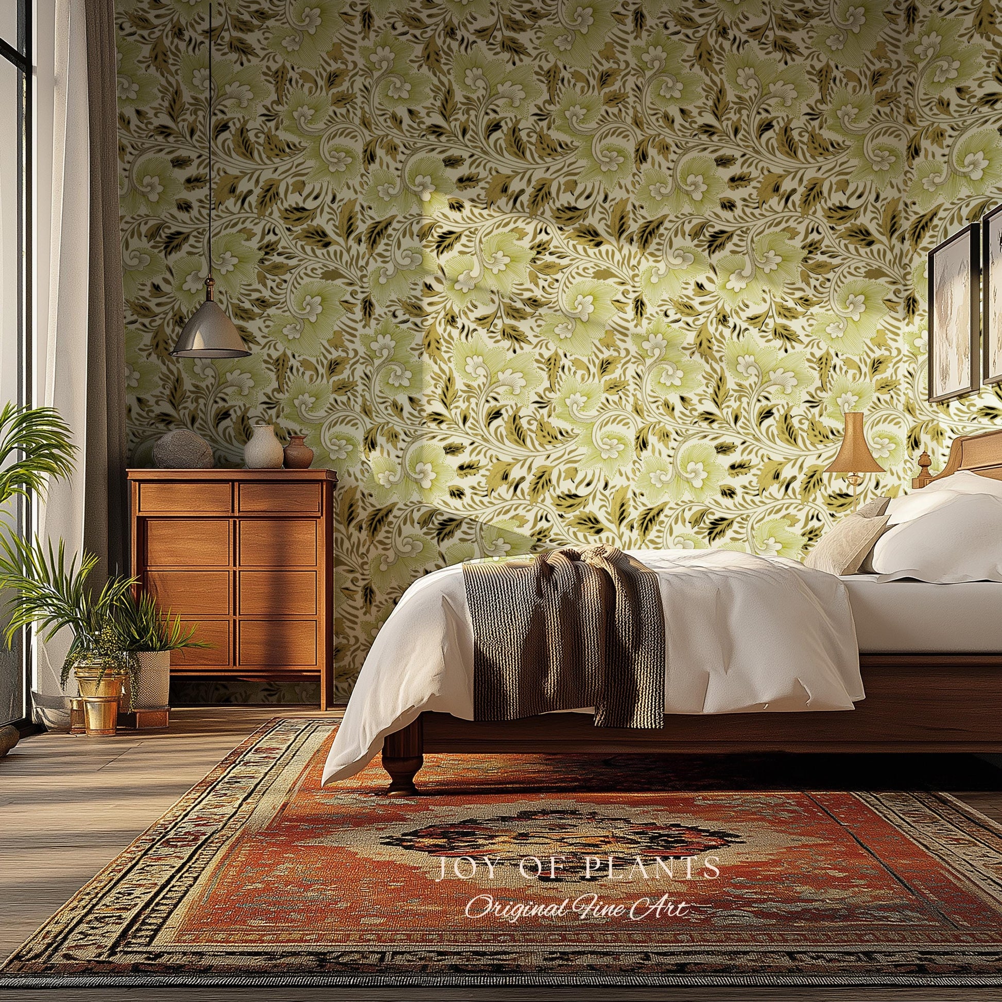 Timeless Olive Green Wallpaper | Refined Cottage Decor Botanical Revival William Morris Peel and Stick Heritage Home Renter Friendly Revival