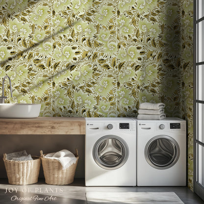 Timeless Olive Green Wallpaper | Refined Cottage Decor Botanical Revival William Morris Peel and Stick Heritage Home Renter Friendly Revival