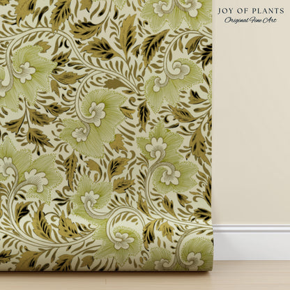 Timeless Olive Green Wallpaper | Refined Cottage Decor Botanical Revival William Morris Peel and Stick Heritage Home Renter Friendly Revival