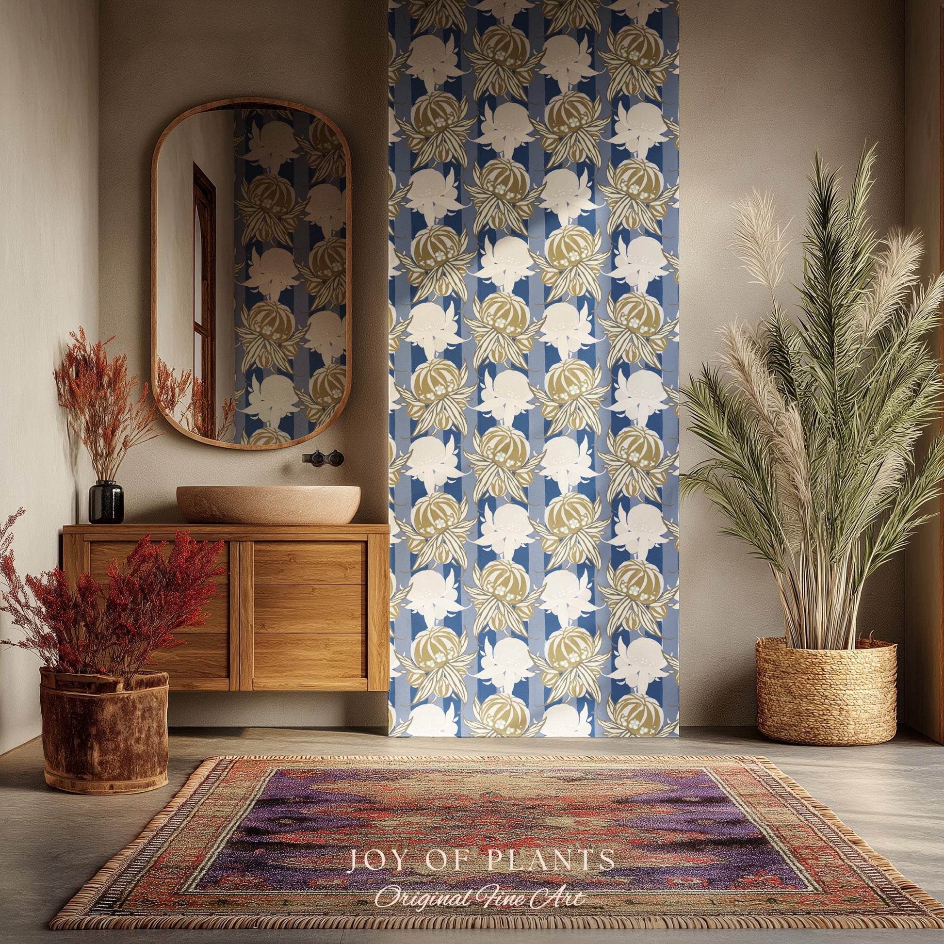 Art Deco Parisian Floral Wallpaper | Bold Boutique Flower Wall Art Cobalt Home Decor Muted Color Palette Renter Friendly Elegant Bedroom