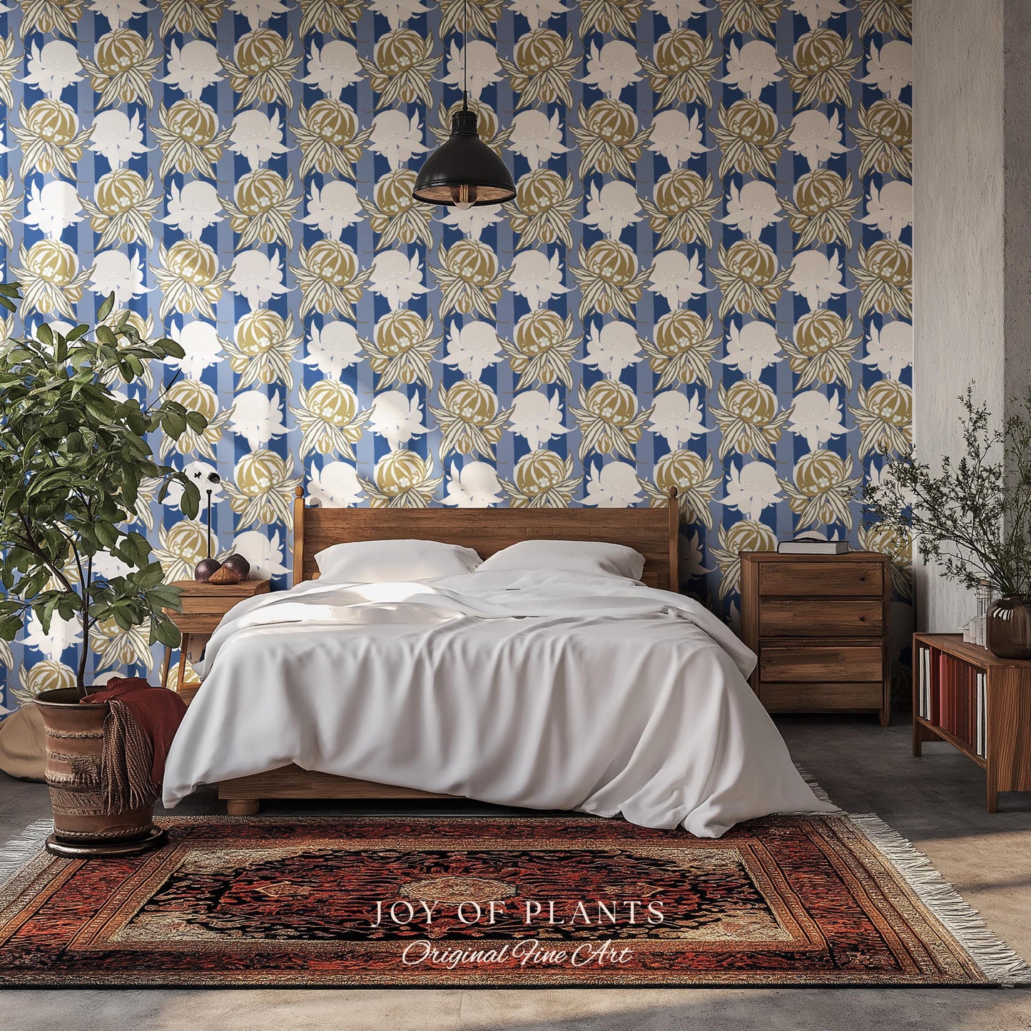 Art Deco Parisian Floral Wallpaper | Bold Boutique Flower Wall Art Cobalt Home Decor Muted Color Palette Renter Friendly Elegant Bedroom
