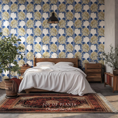 Art Deco Parisian Floral Wallpaper | Bold Boutique Flower Wall Art Cobalt Home Decor Muted Color Palette Renter Friendly Elegant Bedroom
