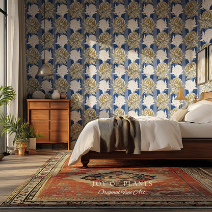 Art Deco Parisian Floral Wallpaper | Bold Boutique Flower Wall Art Cobalt Home Decor Muted Color Palette Renter Friendly Elegant Bedroom