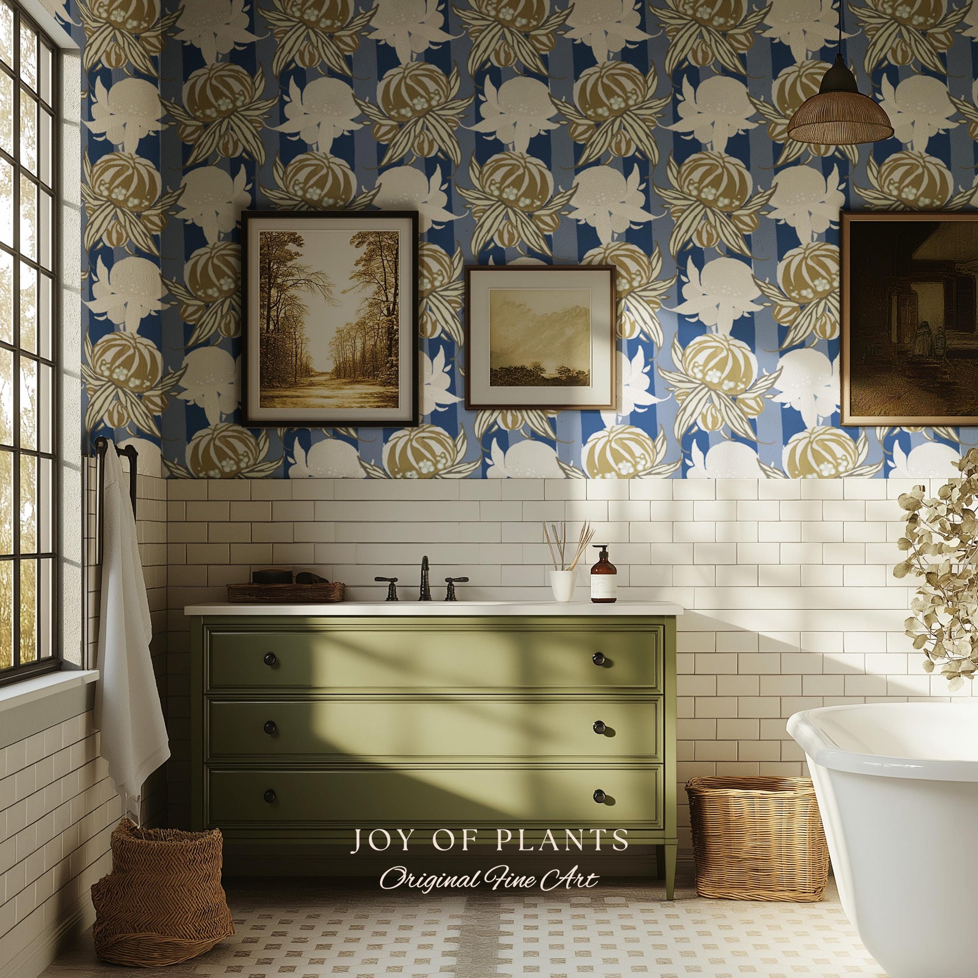 Art Deco Parisian Floral Wallpaper | Bold Boutique Flower Wall Art Cobalt Home Decor Muted Color Palette Renter Friendly Elegant Bedroom