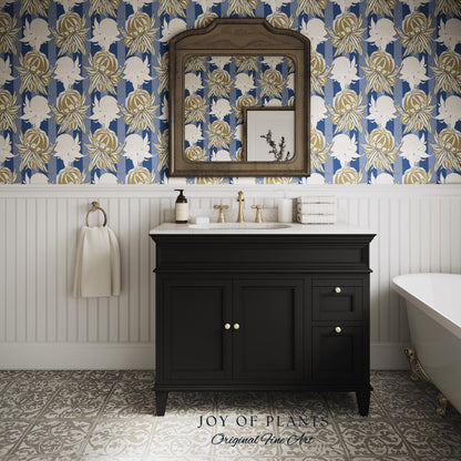 Art Deco Parisian Floral Wallpaper | Bold Boutique Flower Wall Art Cobalt Home Decor Muted Color Palette Renter Friendly Elegant Bedroom