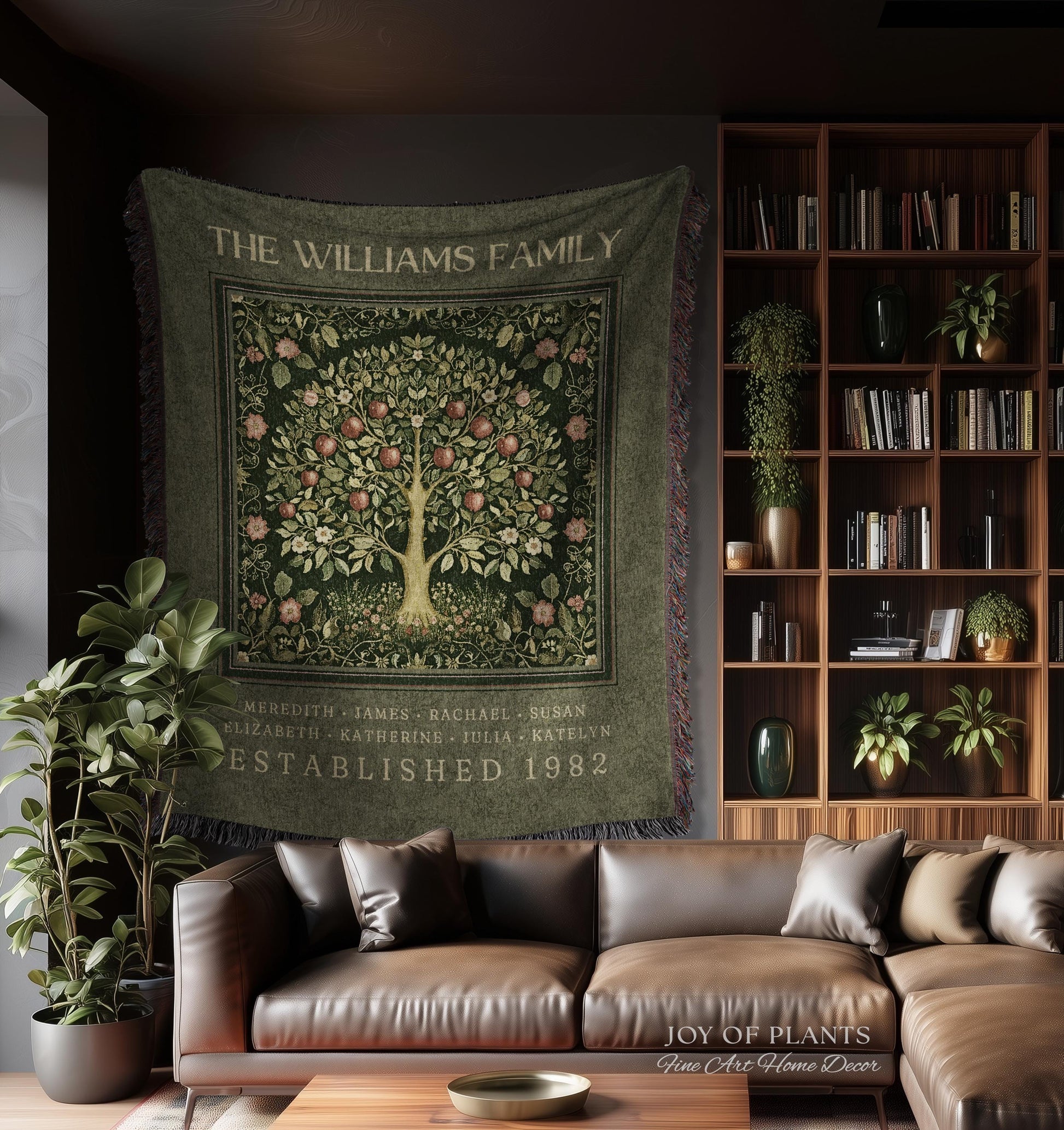 Deep Sage Green Family Tree Blanket Woven Art | Personalized Heritage Tapestry Custom Grandparent Gift Sentimental Last Name Gift from Kids