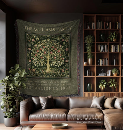 Deep Sage Green Family Tree Blanket Woven Art | Personalized Heritage Tapestry Custom Grandparent Gift Sentimental Last Name Gift from Kids