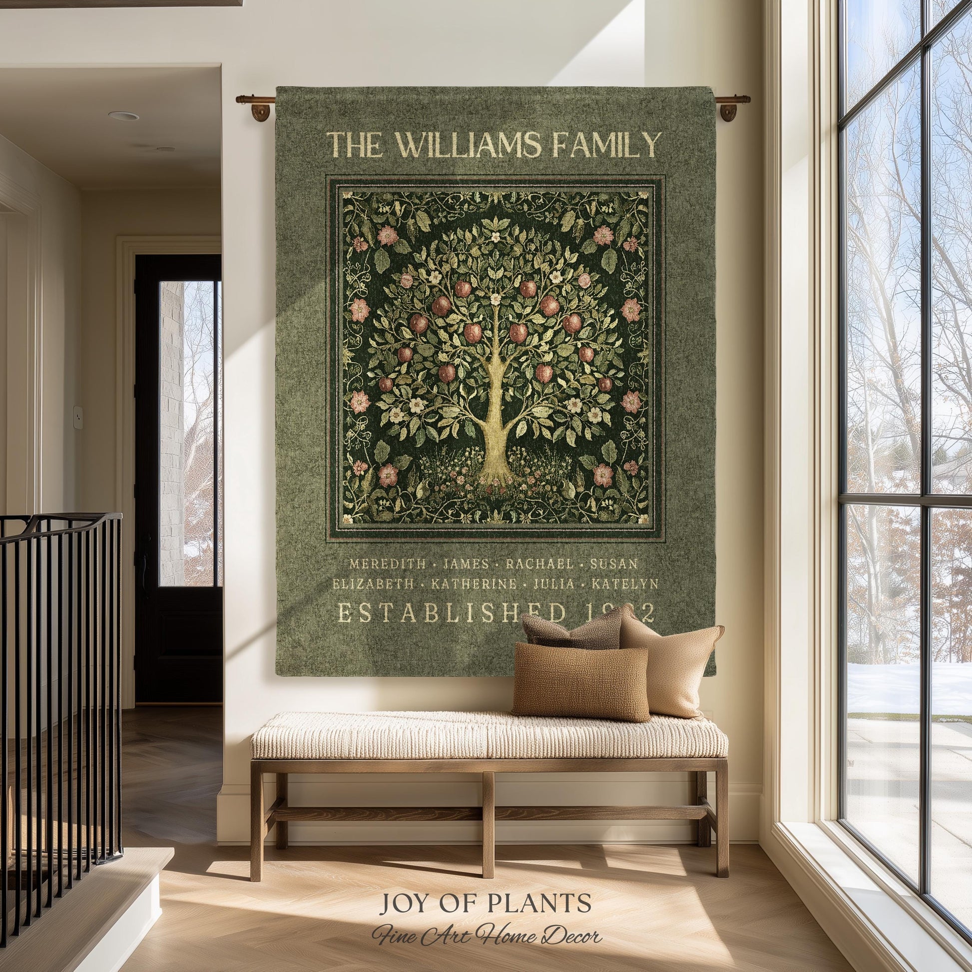 Deep Sage Green Family Tree Blanket Woven Art | Personalized Heritage Tapestry Custom Grandparent Gift Sentimental Last Name Gift from Kids
