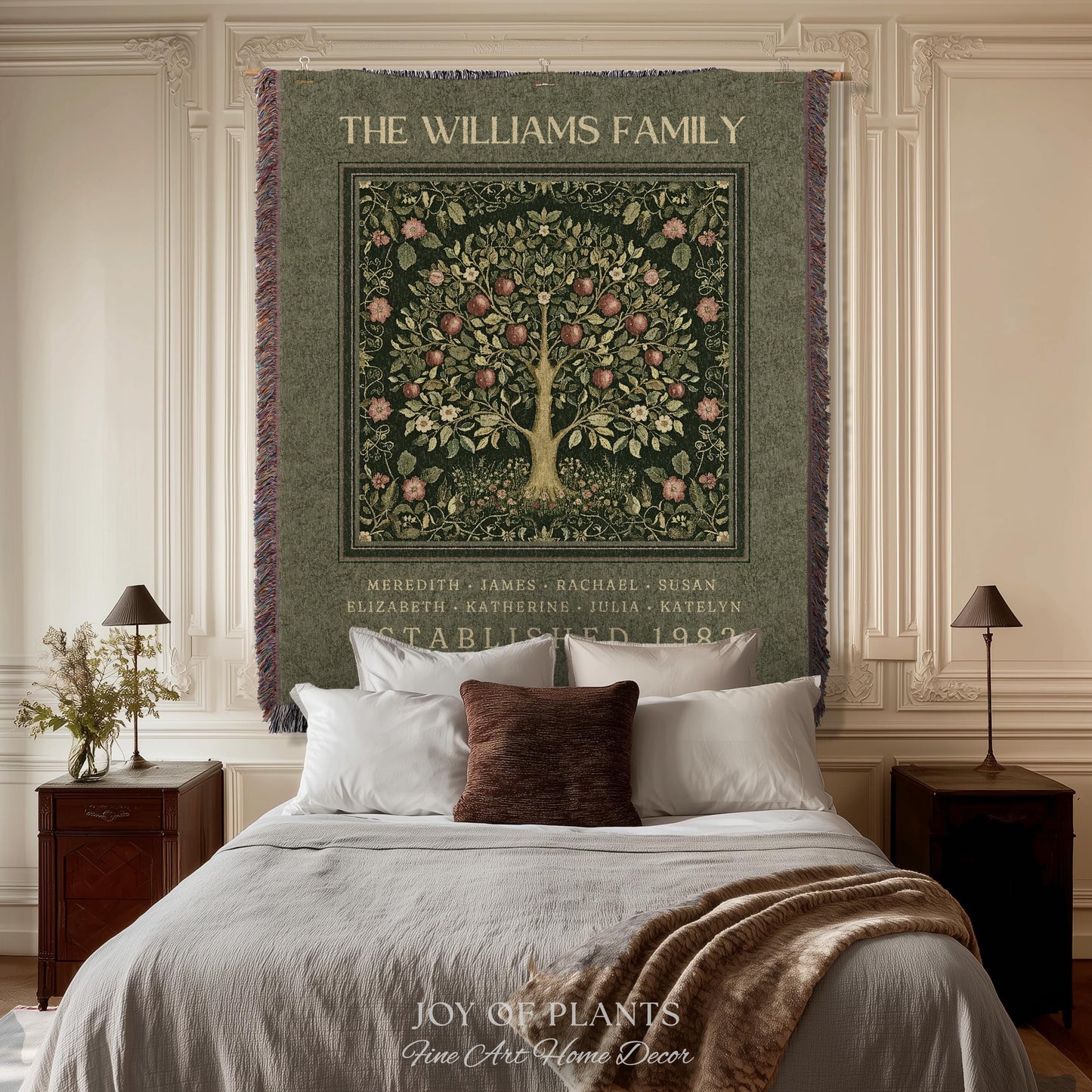 Deep Sage Green Family Tree Blanket Woven Art | Personalized Heritage Tapestry Custom Grandparent Gift Sentimental Last Name Gift from Kids