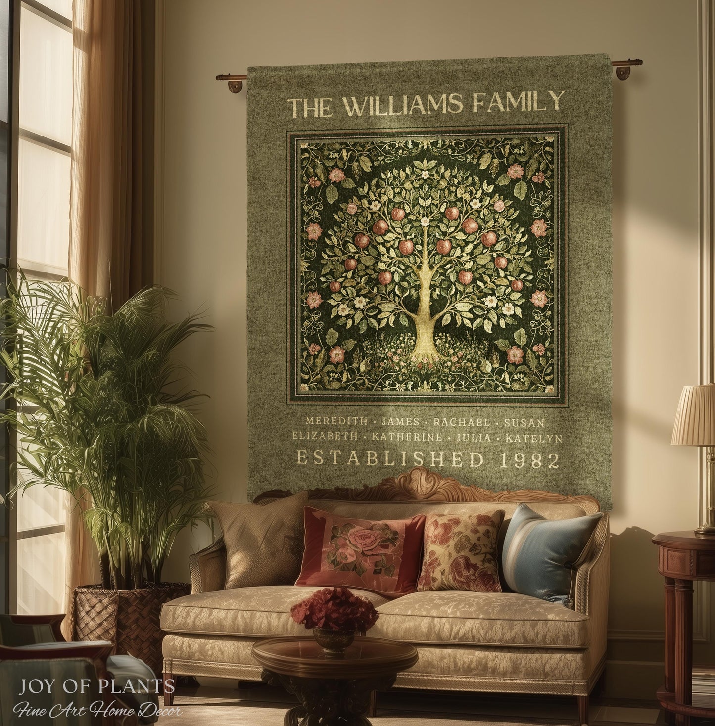 Deep Sage Green Family Tree Blanket Woven Art | Personalized Heritage Tapestry Custom Grandparent Gift Sentimental Last Name Gift from Kids