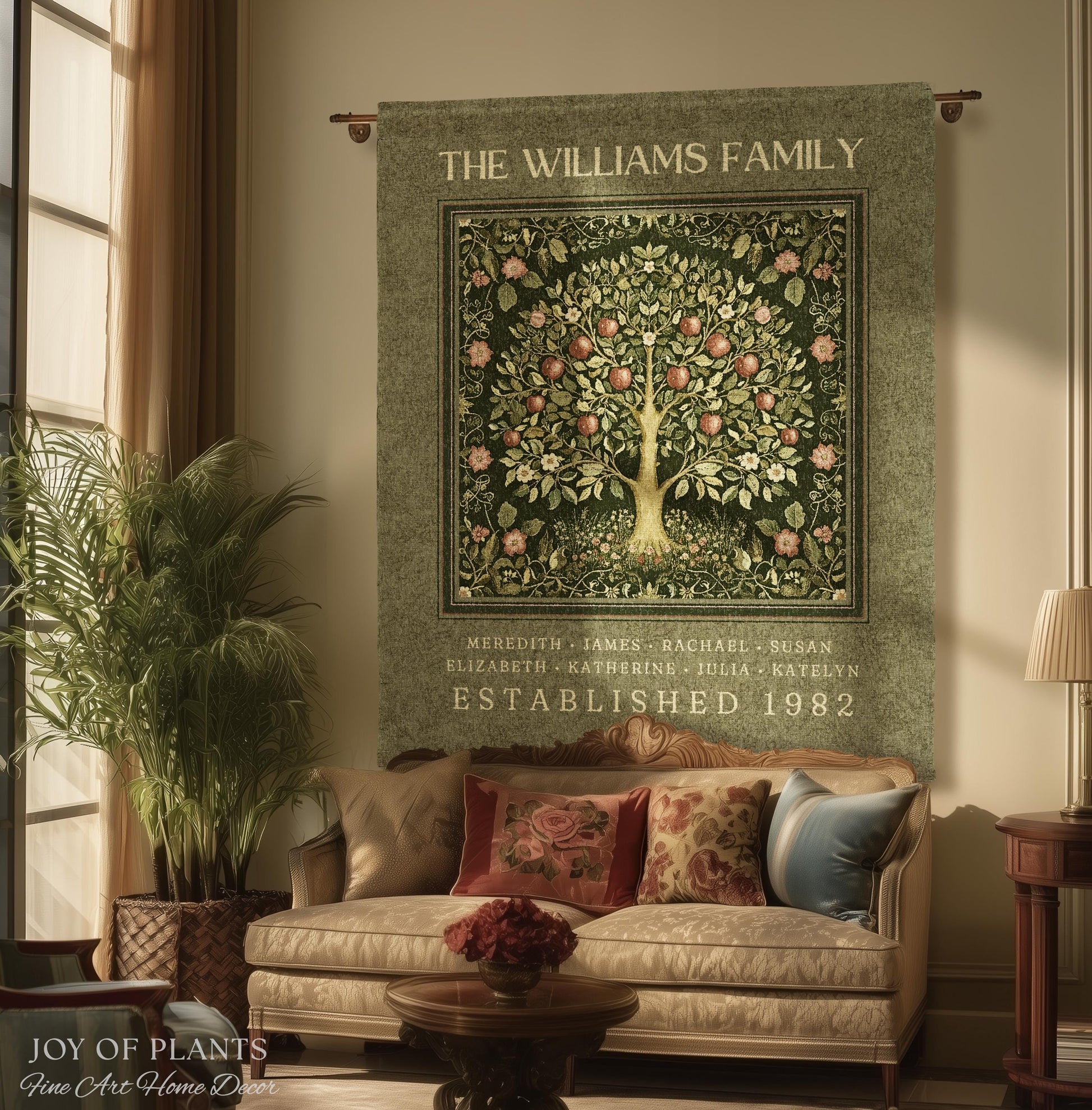 Deep Sage Green Family Tree Blanket Woven Art | Personalized Heritage Tapestry Custom Grandparent Gift Sentimental Last Name Gift from Kids