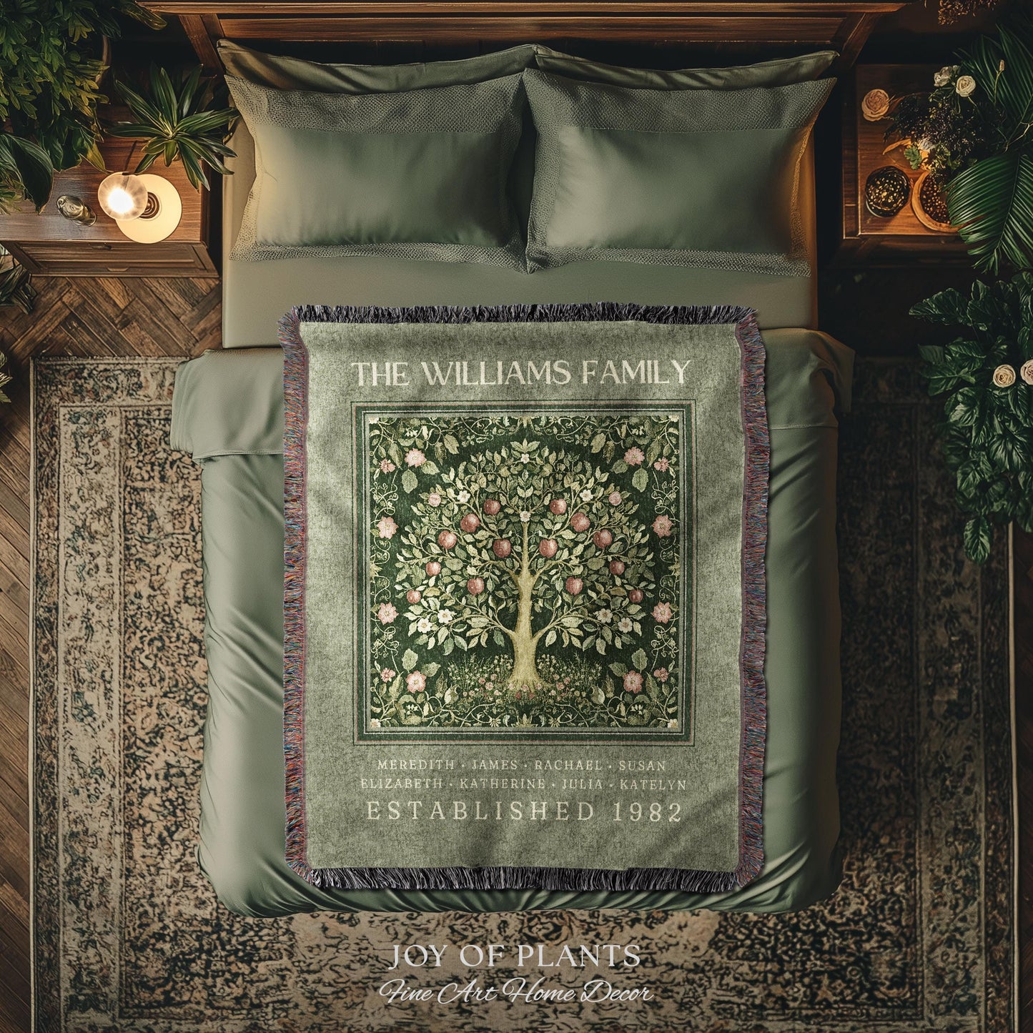 Deep Sage Green Family Tree Blanket Woven Art | Personalized Heritage Tapestry Custom Grandparent Gift Sentimental Last Name Gift from Kids