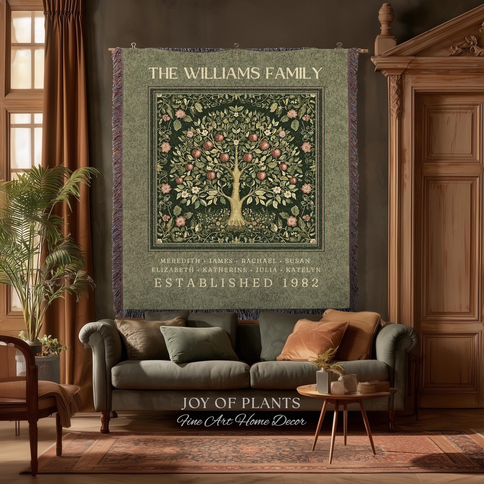 Deep Sage Green Family Tree Blanket Woven Art | Personalized Heritage Tapestry Custom Grandparent Gift Sentimental Last Name Gift from Kids