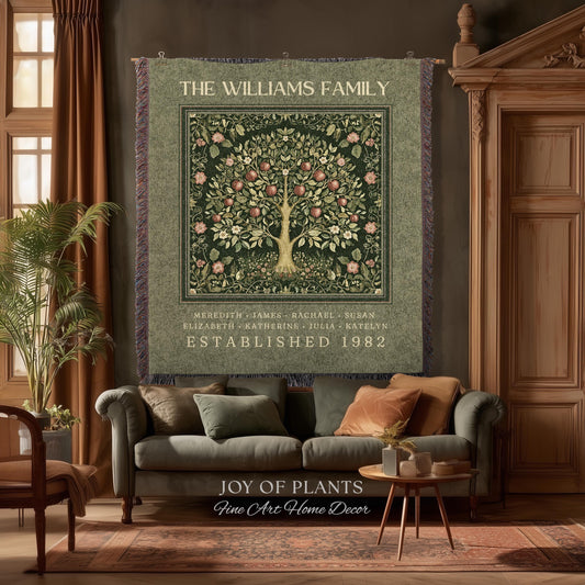 Deep Sage Green Family Tree Blanket Woven Art | Personalized Heritage Tapestry Custom Grandparent Gift Sentimental Last Name Gift from Kids